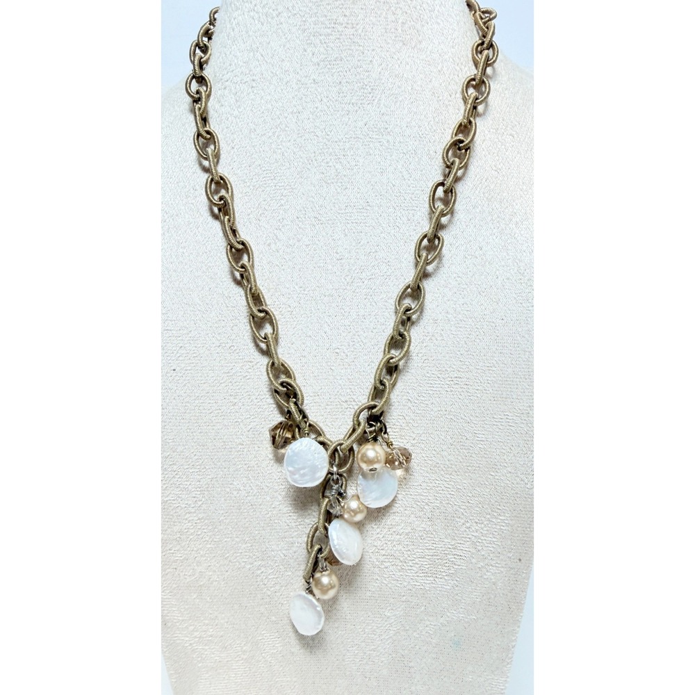 Gold Tone Textured Chain Necklace Glass Bead Dangle Cluster 17"